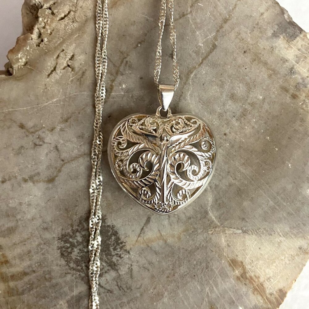 Steven Lavaggi Sterling Silver 925 Filigree Puffy Heart Angel Pendant Necklace